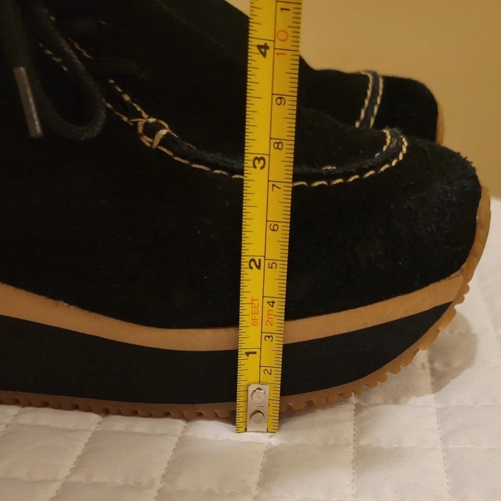 Y2K Splash Fashion Footwear Black Suede 2000s Platforms Beige Trim Festival Cute